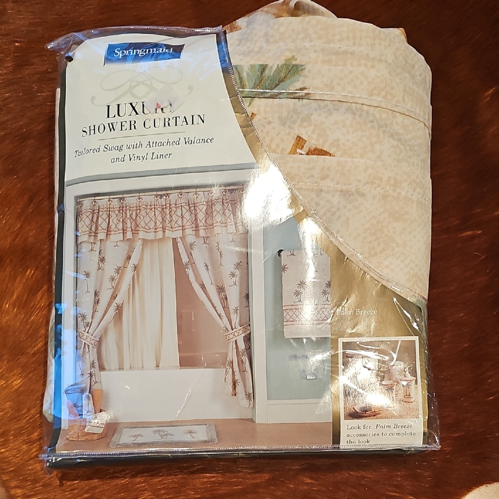 Palm Tree Shower Curtain - Cream - Valance Attached - No Liner